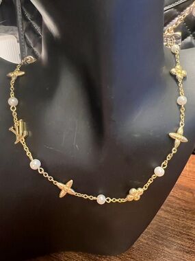 Gold Pearl Accent Necklace with Logo Motif